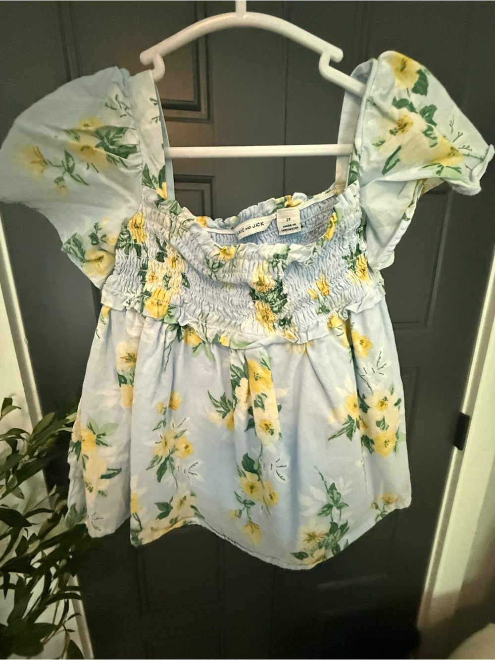 Janie and Jack Light Blue Floral Smocked Flutter Sleeve Top - 2T